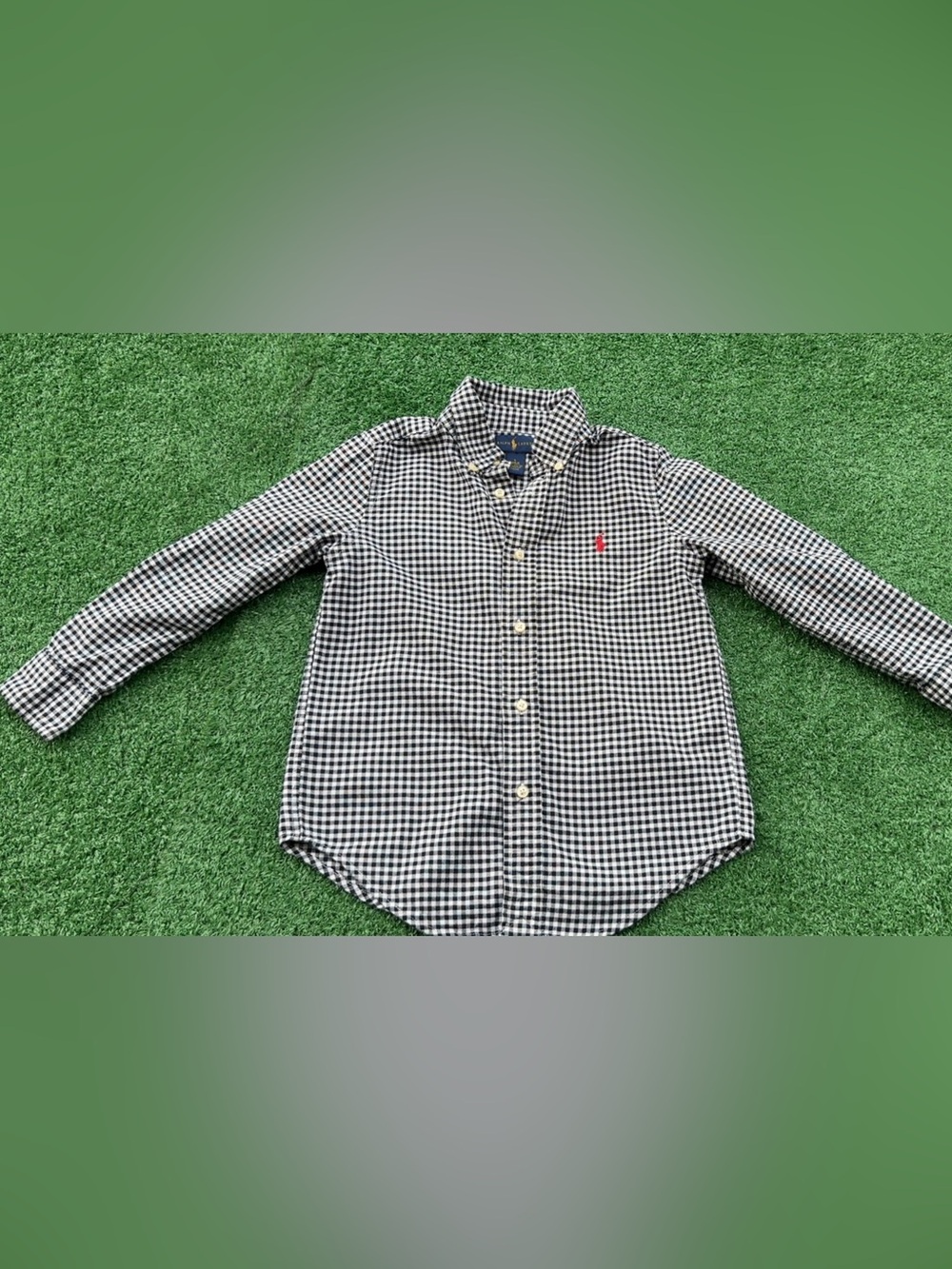 Ralph Lauren Black and White Gingham Button-Down Shirt with Red Polo Pony